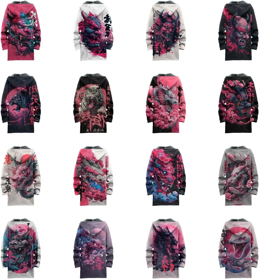 Long Hooded Cardigan Men Japanese Neon Art Graphic Open Front Zip Up Fleece Warm Fall Novelty Lightweight Coat