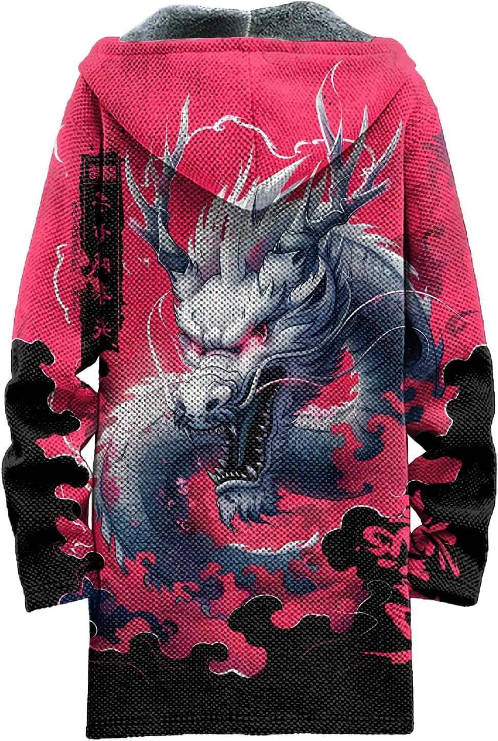 Long Hooded Cardigan Men Japanese Neon Art Graphic Open Front Zip Up Fleece Warm Fall Novelty Lightweight Coat