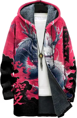 Long Hooded Cardigan Men Japanese Neon Art Graphic Open Front Zip Up Fleece Warm Fall Novelty Lightweight Coat