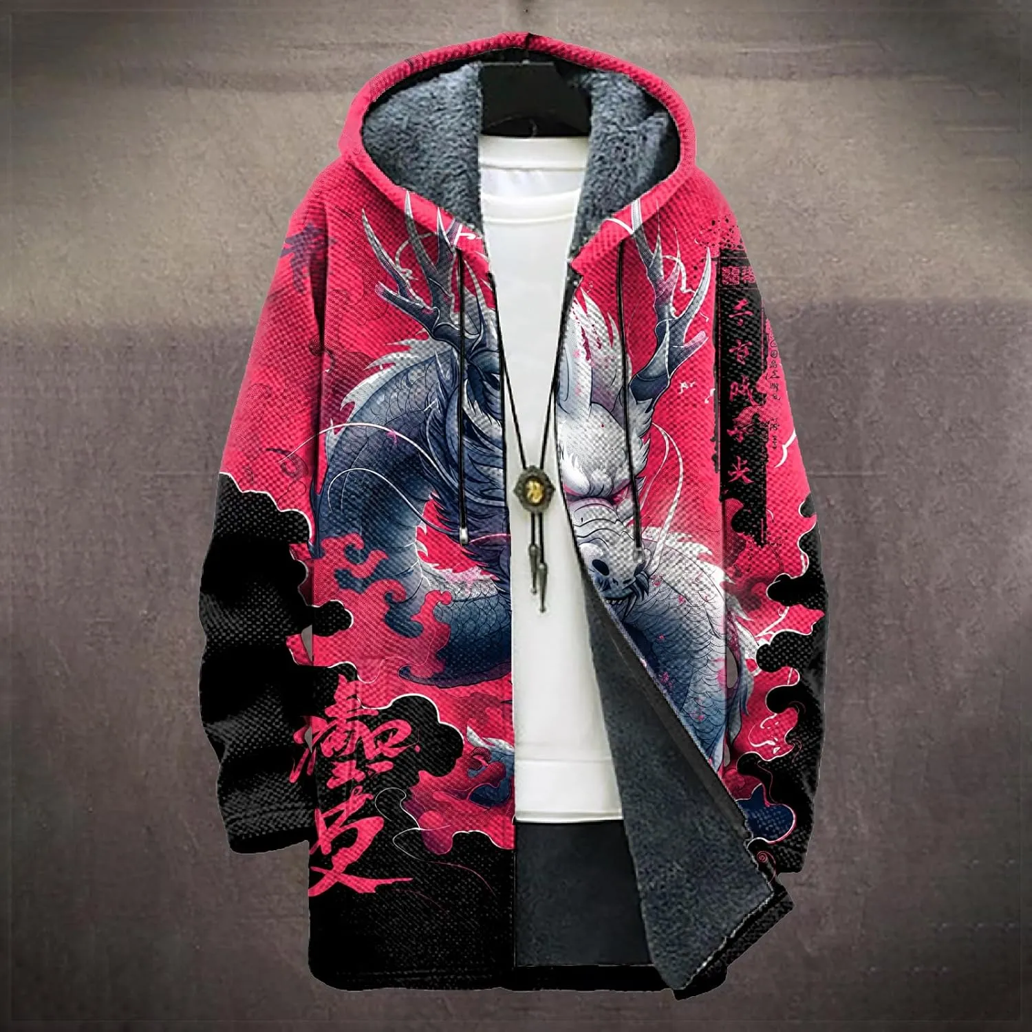Long Hooded Cardigan Men Japanese Neon Art Graphic Open Front Zip Up Fleece Warm Fall Novelty Lightweight Coat