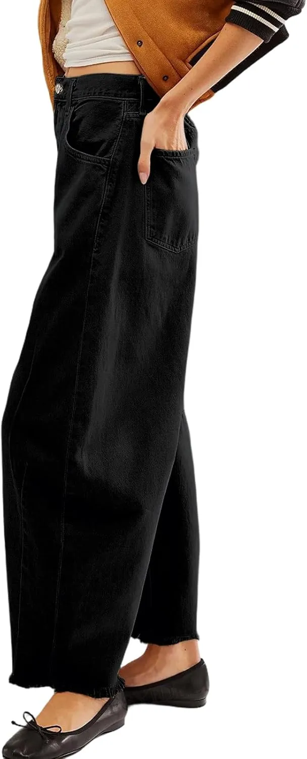 LONGBIDA Women's Mid Rise Barrel Jeans-Vintage Wide Leg Cropped Denim Pants,Y2K Baggy Boyfriend Style