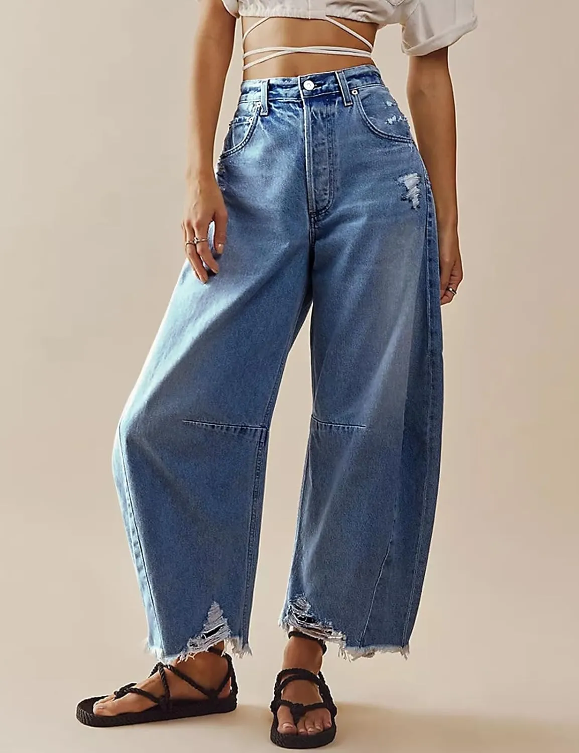 LONGBIDA Women's Mid Rise Barrel Jeans-Vintage Wide Leg Cropped Denim Pants,Y2K Baggy Boyfriend Style