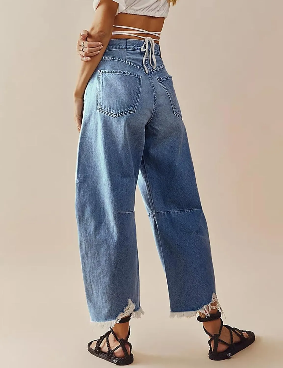 LONGBIDA Women's Mid Rise Barrel Jeans-Vintage Wide Leg Cropped Denim Pants,Y2K Baggy Boyfriend Style