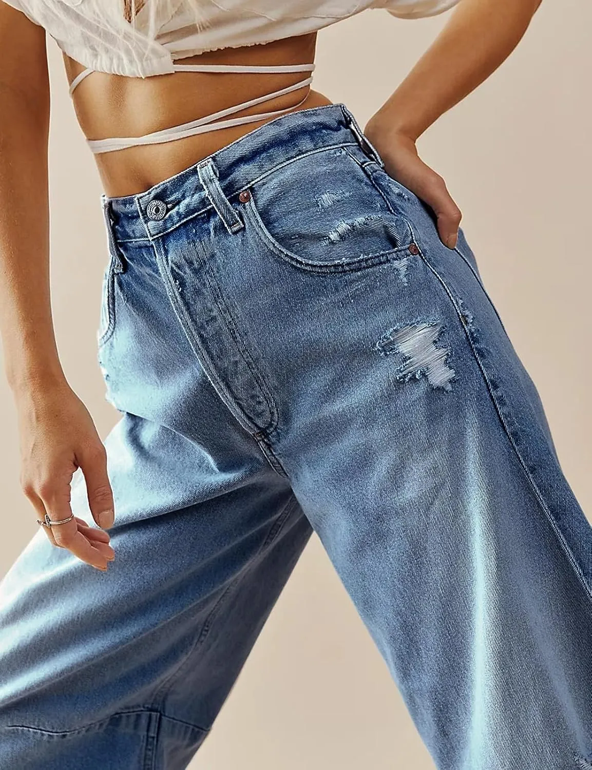 LONGBIDA Women's Mid Rise Barrel Jeans-Vintage Wide Leg Cropped Denim Pants,Y2K Baggy Boyfriend Style