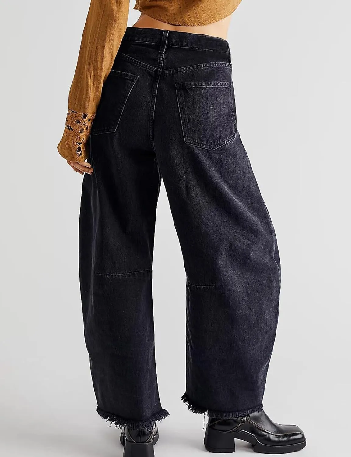 LONGBIDA Women's Mid Rise Barrel Jeans-Vintage Wide Leg Cropped Denim Pants,Y2K Baggy Boyfriend Style