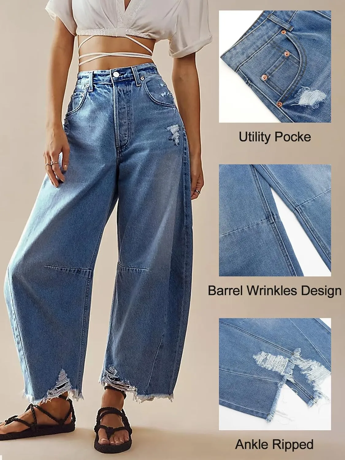 LONGBIDA Women's Mid Rise Barrel Jeans-Vintage Wide Leg Cropped Denim Pants,Y2K Baggy Boyfriend Style