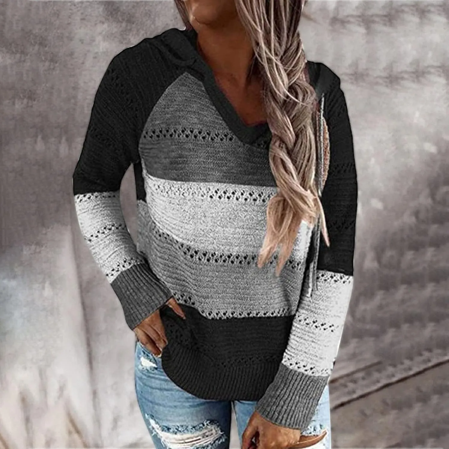 LRMQS Womens Fall Fashion 2024 Color Block Drawstring Hoodies Sweater Trendy Casual Loose Cute Knit Pullover Winter Clothes