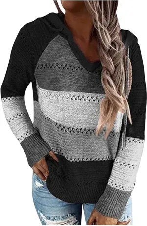 LRMQS Womens Fall Fashion 2024 Color Block Drawstring Hoodies Sweater Trendy Casual Loose Cute Knit Pullover Winter Clothes