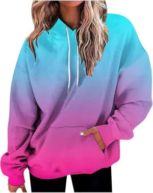 LRMQS Womens Fall Fashion 2024 Trendy Oversized Hoodie Sweatshirts Gradient Color Casual Drawstring Hoodies Pullover Clothes