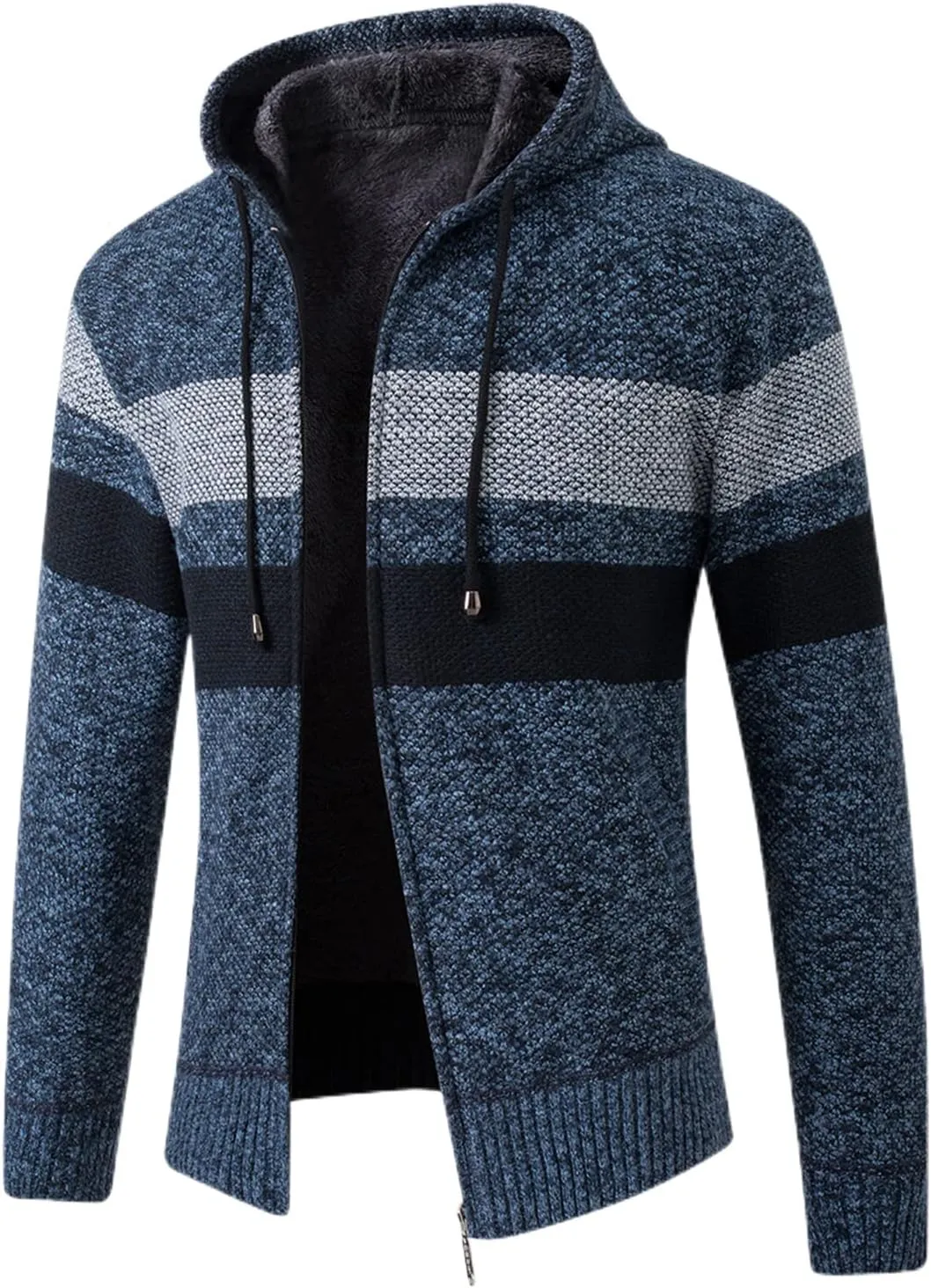 Lu's Chic Men's Full Zip Hoodie Winter Striped Knitted Long Sleeve Cardigan Sweater Slim Fit Hooded Sweatshirt Pockets