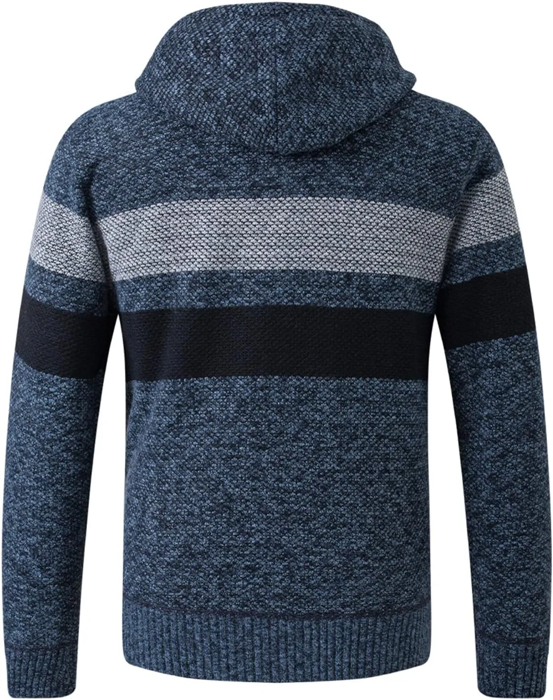 Lu's Chic Men's Full Zip Hoodie Winter Striped Knitted Long Sleeve Cardigan Sweater Slim Fit Hooded Sweatshirt Pockets