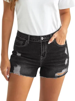 Luvamia Women's High Waisted Distressed Denim Shorts, Blue, Size X-Small to XX-Large