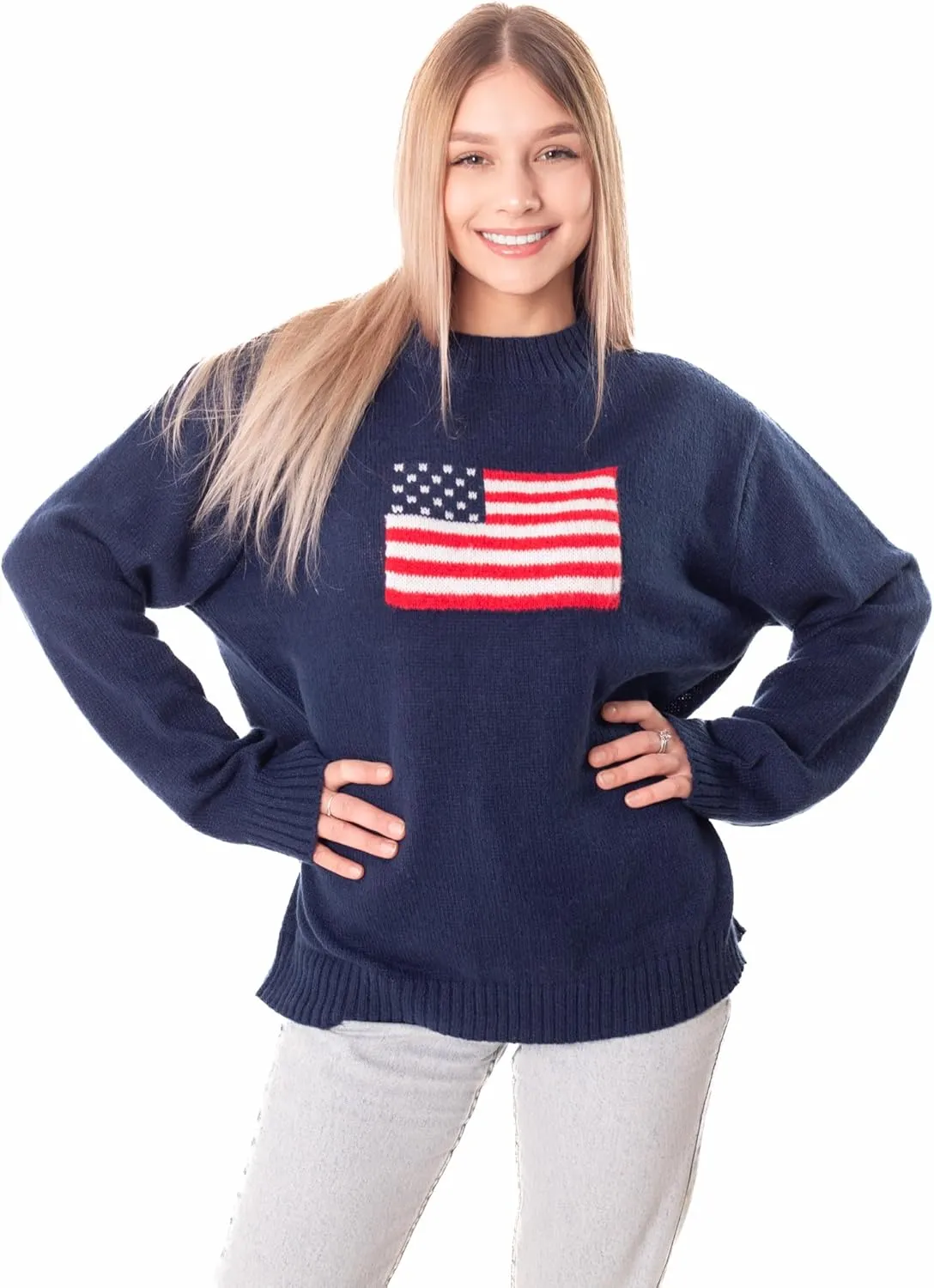 Madore Blue Soft Oversized American Flag Sweater Women 4th of July 2024 USA Outfits Plus Fourth