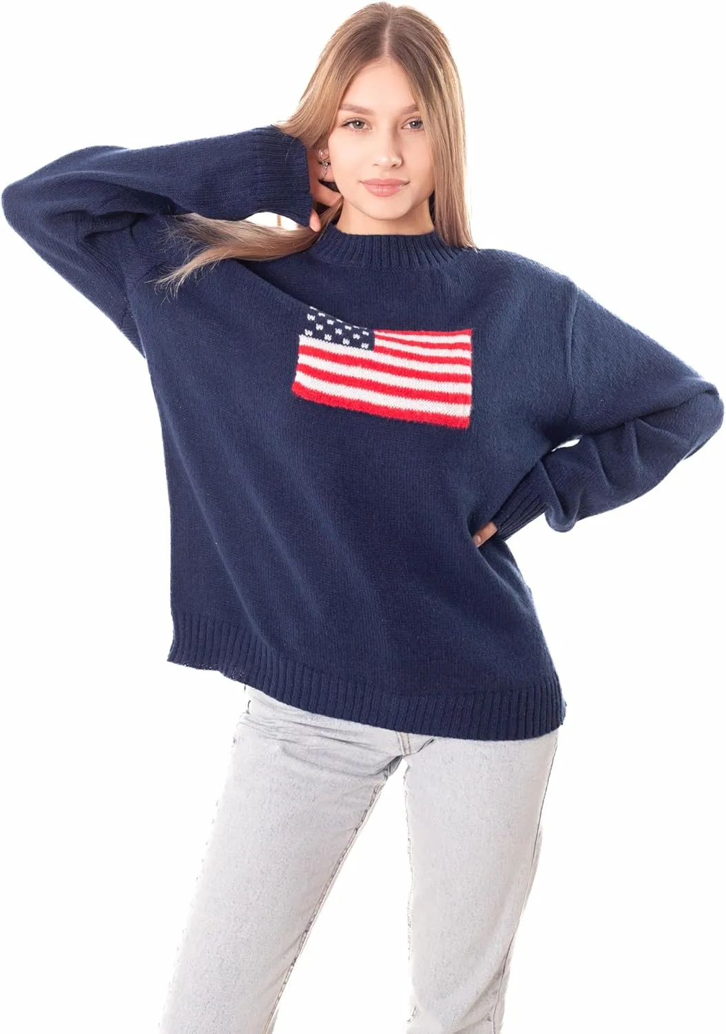 Madore Blue Soft Oversized American Flag Sweater Women 4th of July 2024 USA Outfits Plus Fourth