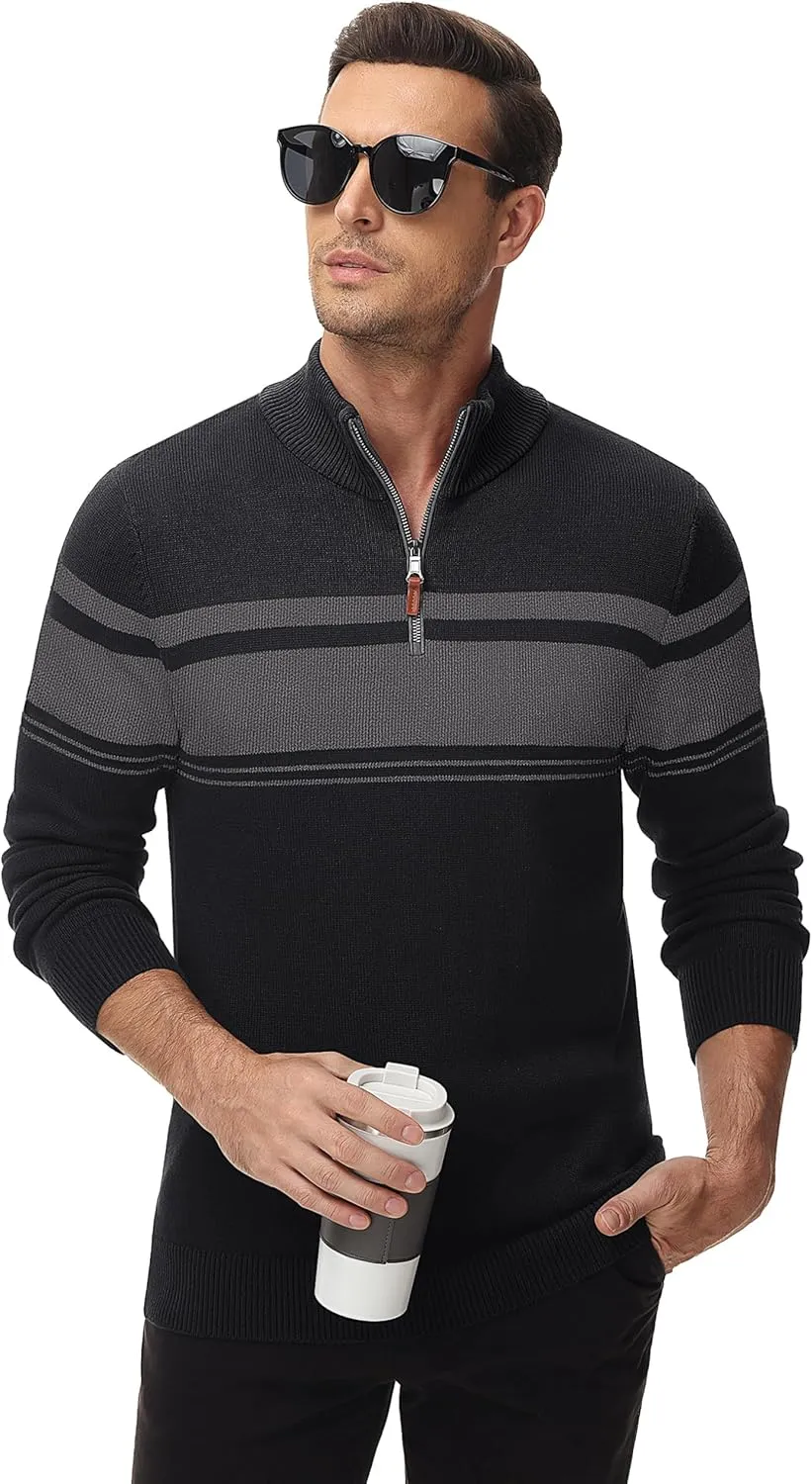 MAGCOMSEN Men's Sweaters 1/4 Zip Cotton Sweater Pullover Polo Sweaters Striped Fall Winter Warm Sweatshirts