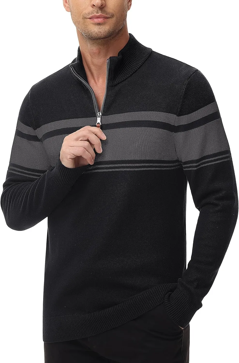 MAGCOMSEN Men's Sweaters 1/4 Zip Cotton Sweater Pullover Polo Sweaters Striped Fall Winter Warm Sweatshirts