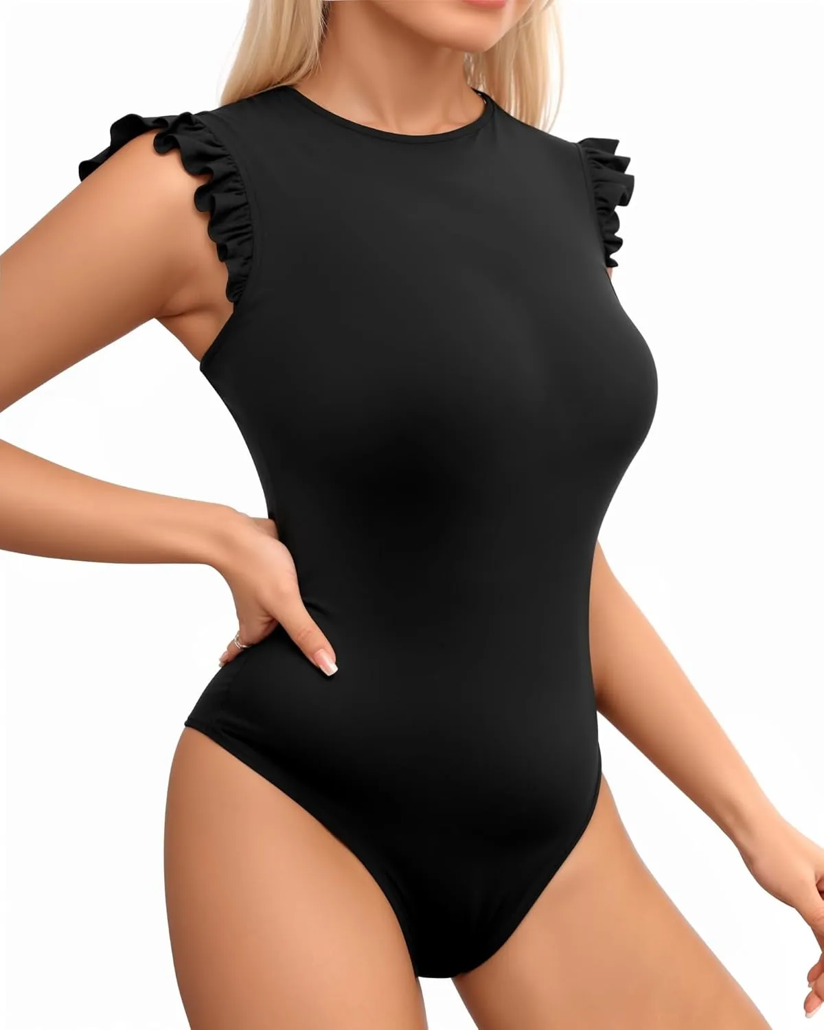 MANGOPOP Women's Body Suits Cute Crew Neck Ruffle Sleeveless Slim Fit Bodysuit Tank Tops Tight Casual Sexy