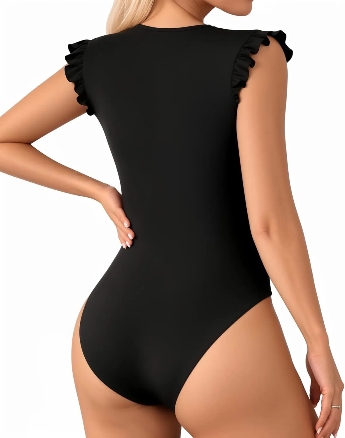 MANGOPOP Women's Body Suits Cute Crew Neck Ruffle Sleeveless Slim Fit Bodysuit Tank Tops Tight Casual Sexy