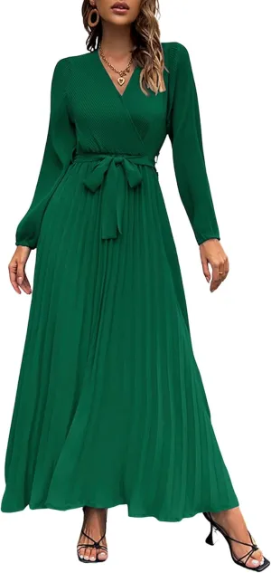 Mansy Women's Elegant Wrap V Neck Lantern Sleeve Bulted Pleated Flowy Maxi Long Dress