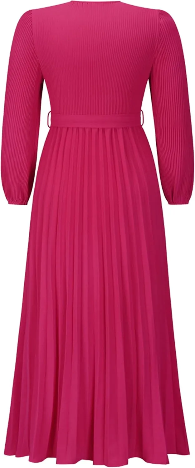 Mansy Women's Elegant Wrap V Neck Lantern Sleeve Bulted Pleated Flowy Maxi Long Dress