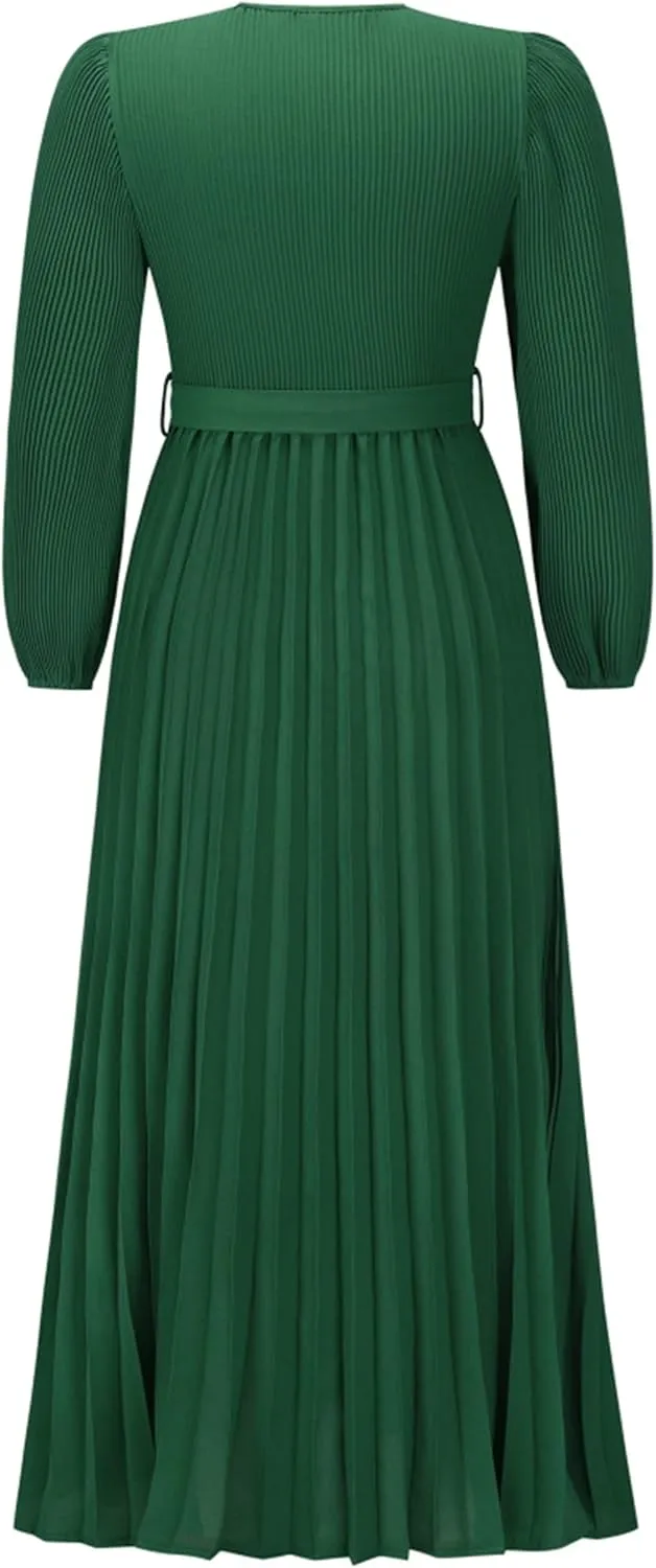 Mansy Women's Elegant Wrap V Neck Lantern Sleeve Bulted Pleated Flowy Maxi Long Dress