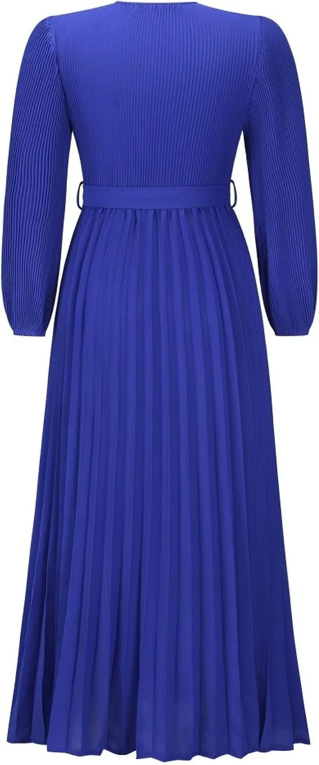 Mansy Women's Elegant Wrap V Neck Lantern Sleeve Bulted Pleated Flowy Maxi Long Dress