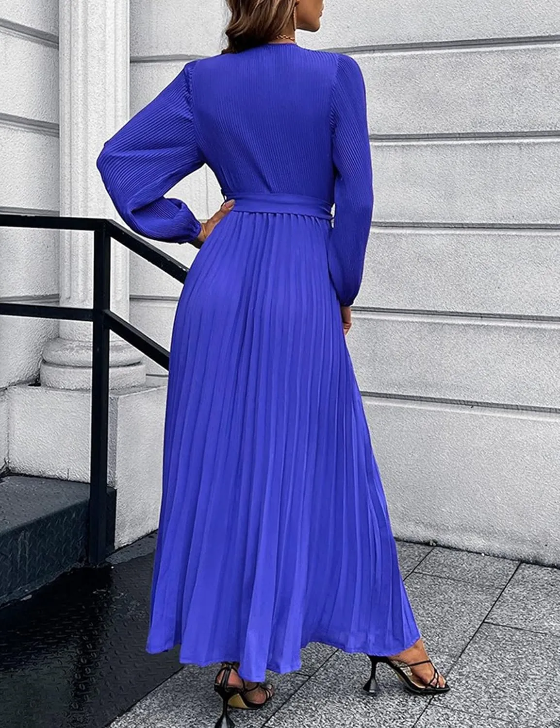 Mansy Women's Elegant Wrap V Neck Lantern Sleeve Bulted Pleated Flowy Maxi Long Dress