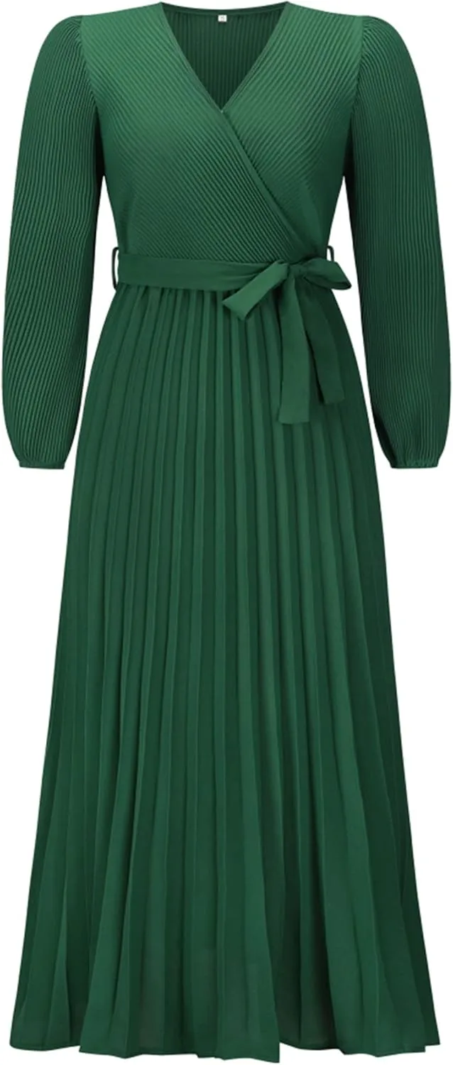Mansy Women's Elegant Wrap V Neck Lantern Sleeve Bulted Pleated Flowy Maxi Long Dress