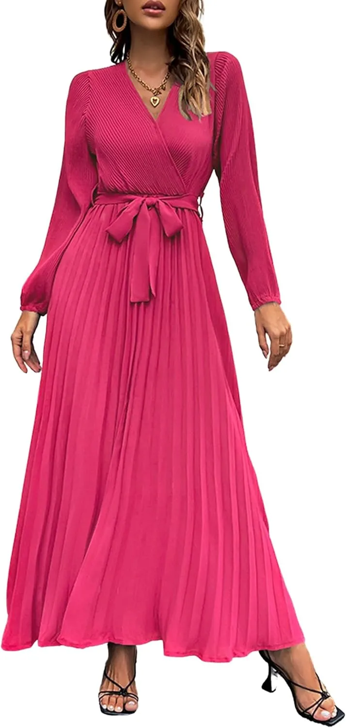 Mansy Women's Elegant Wrap V Neck Lantern Sleeve Bulted Pleated Flowy Maxi Long Dress