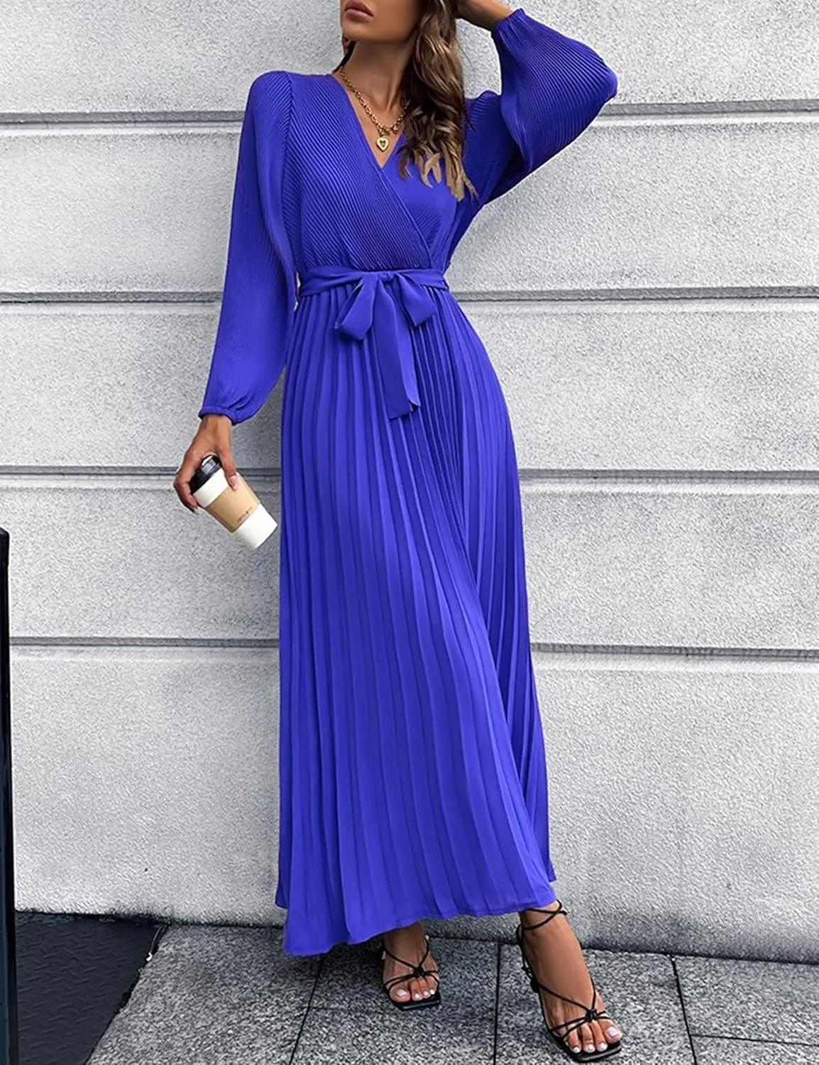 Mansy Women's Elegant Wrap V Neck Lantern Sleeve Bulted Pleated Flowy Maxi Long Dress