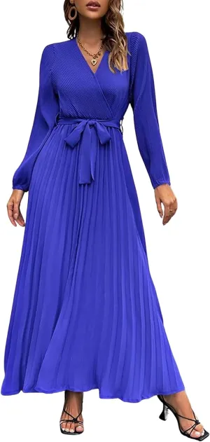 Mansy Women's Elegant Wrap V Neck Lantern Sleeve Bulted Pleated Flowy Maxi Long Dress