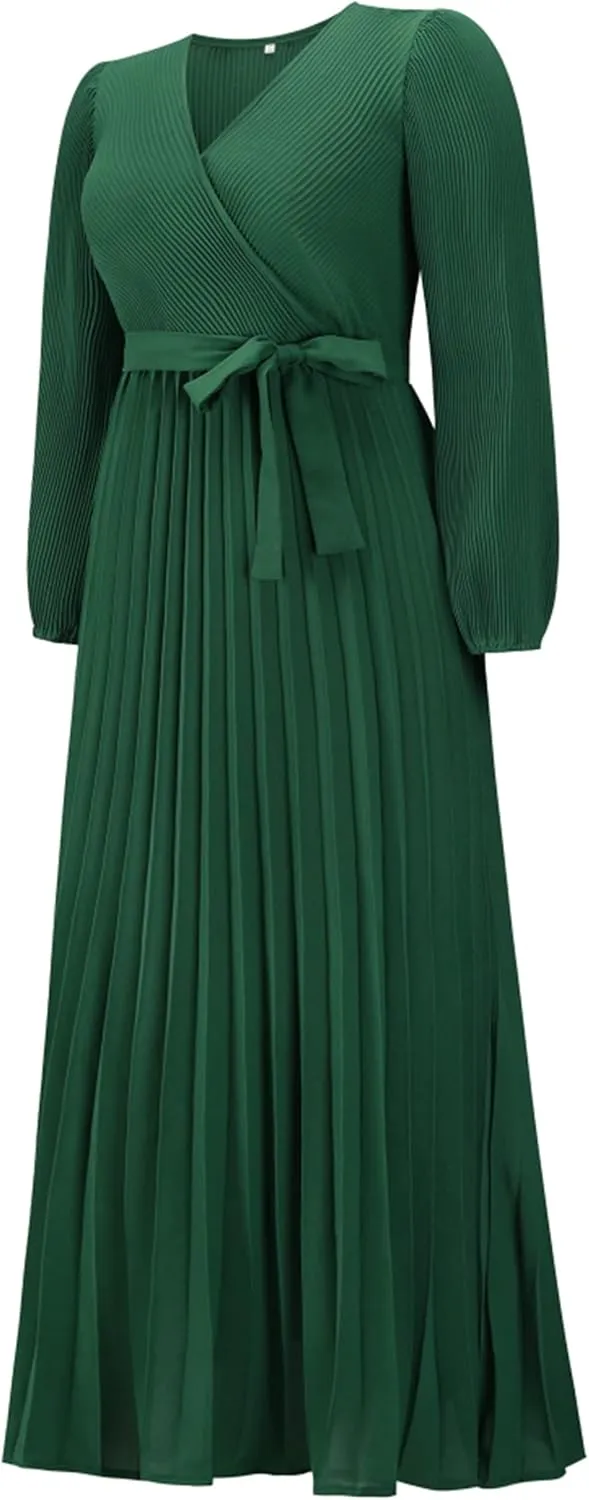 Mansy Women's Elegant Wrap V Neck Lantern Sleeve Bulted Pleated Flowy Maxi Long Dress