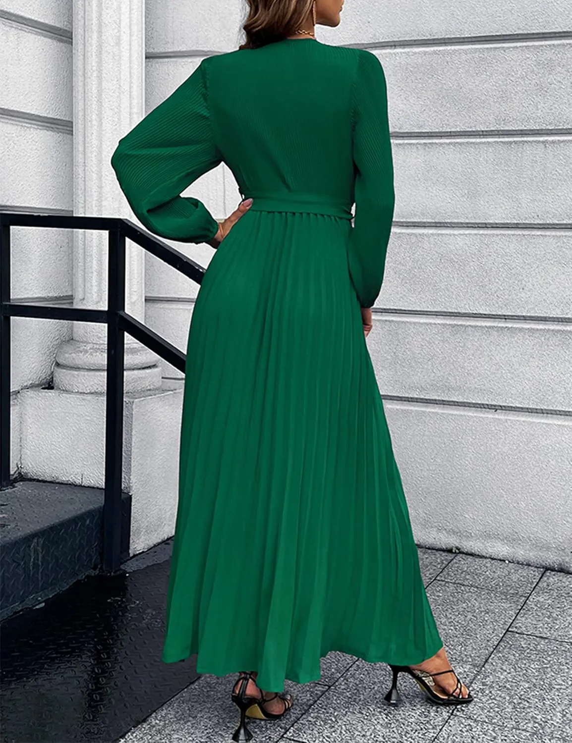 Mansy Women's Elegant Wrap V Neck Lantern Sleeve Bulted Pleated Flowy Maxi Long Dress