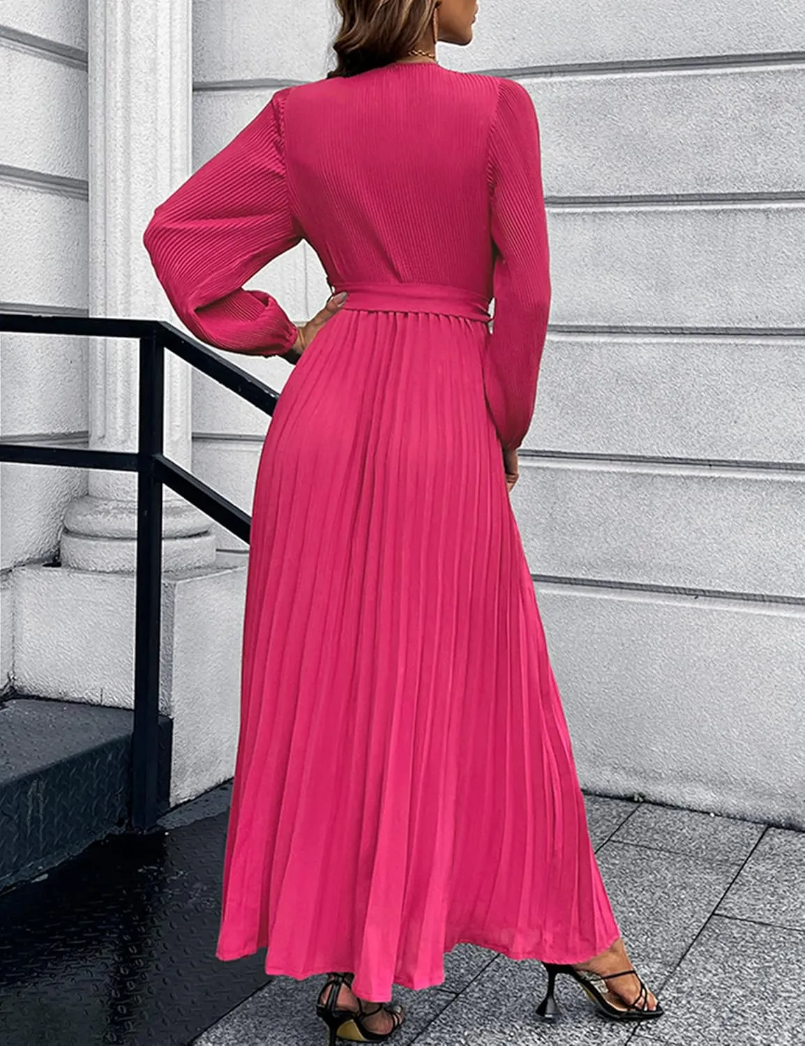 Mansy Women's Elegant Wrap V Neck Lantern Sleeve Bulted Pleated Flowy Maxi Long Dress