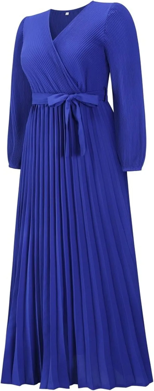 Mansy Women's Elegant Wrap V Neck Lantern Sleeve Bulted Pleated Flowy Maxi Long Dress