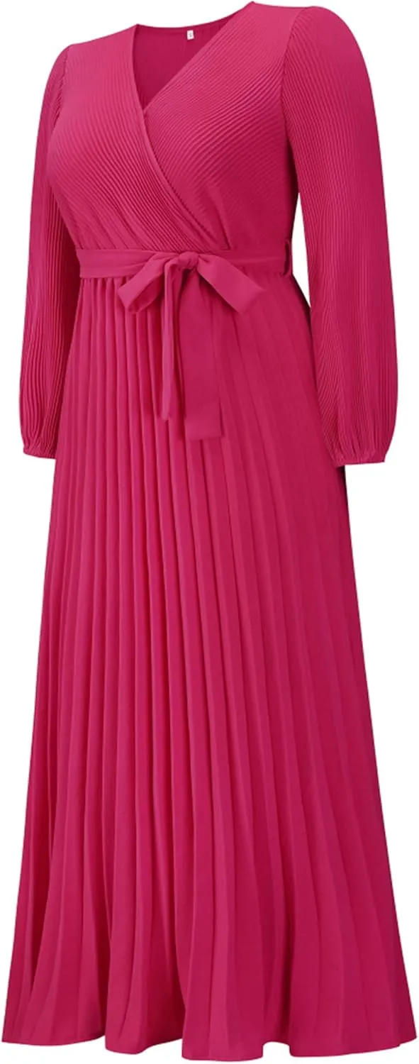Mansy Women's Elegant Wrap V Neck Lantern Sleeve Bulted Pleated Flowy Maxi Long Dress