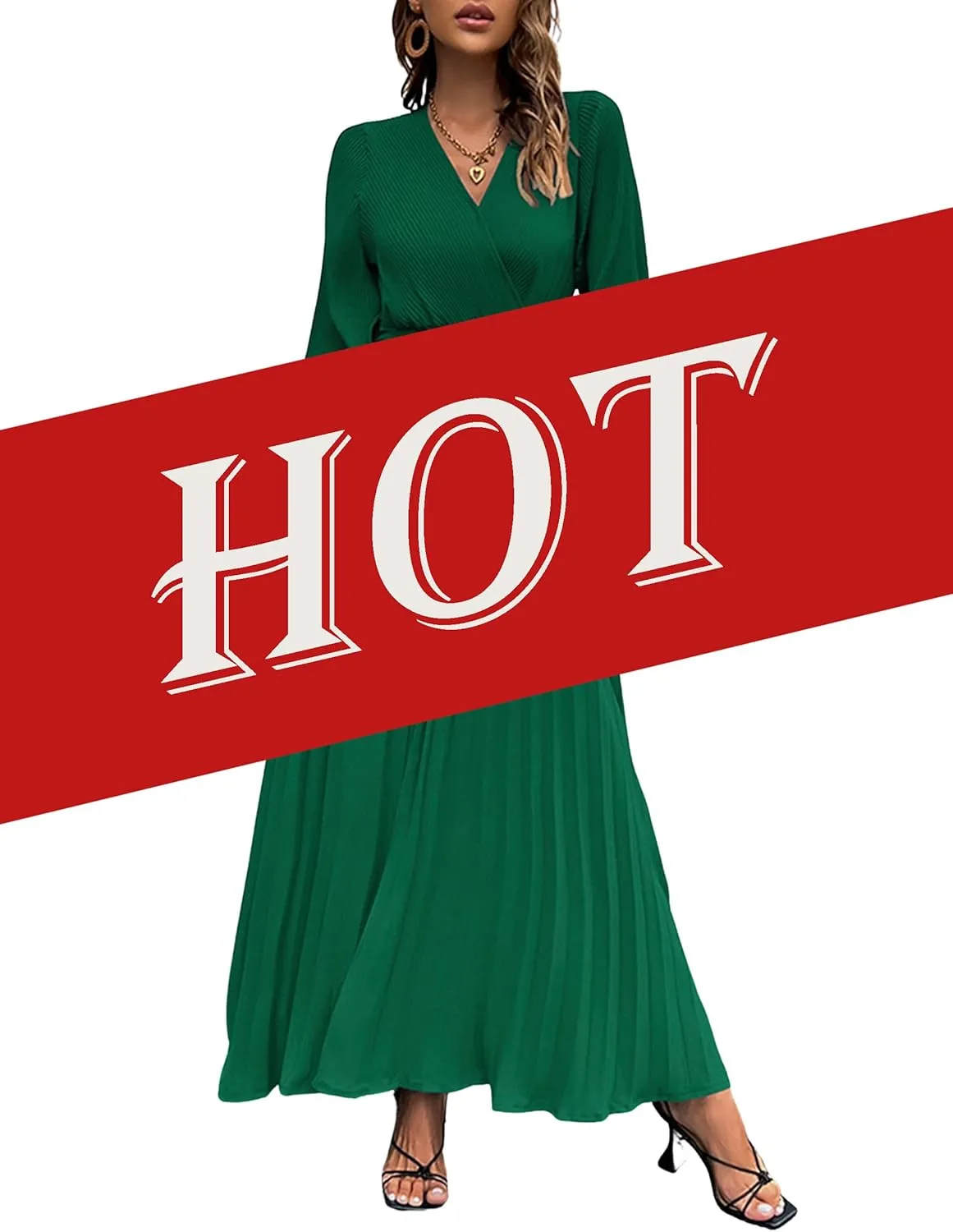 Mansy Women's Elegant Wrap V Neck Lantern Sleeve Bulted Pleated Flowy Maxi Long Dress