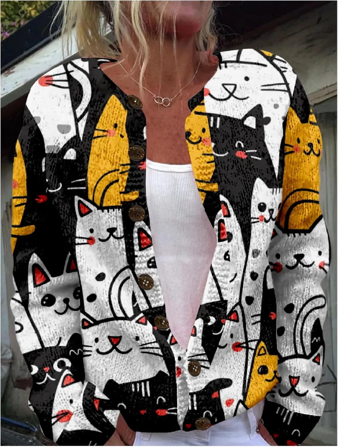 MARSVOVO Cardigan Sweaters for Women Cute Cat Print Long Sleeve Button Down Open Front Cardigan for Women