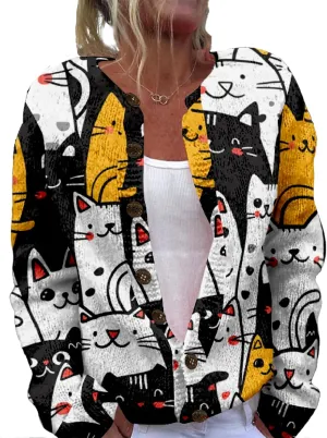 MARSVOVO Cardigan Sweaters for Women Cute Cat Print Long Sleeve Button Down Open Front Cardigan for Women
