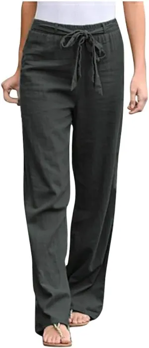 Maryia Casual Cotton Linen Baggy Cropped Pants for Women Stretch Pull On Capris Flowy Sweatpants Drawstring Summer Trousers
