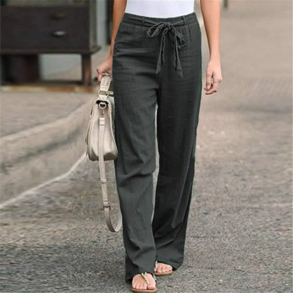 Maryia Casual Cotton Linen Baggy Cropped Pants for Women Stretch Pull On Capris Flowy Sweatpants Drawstring Summer Trousers
