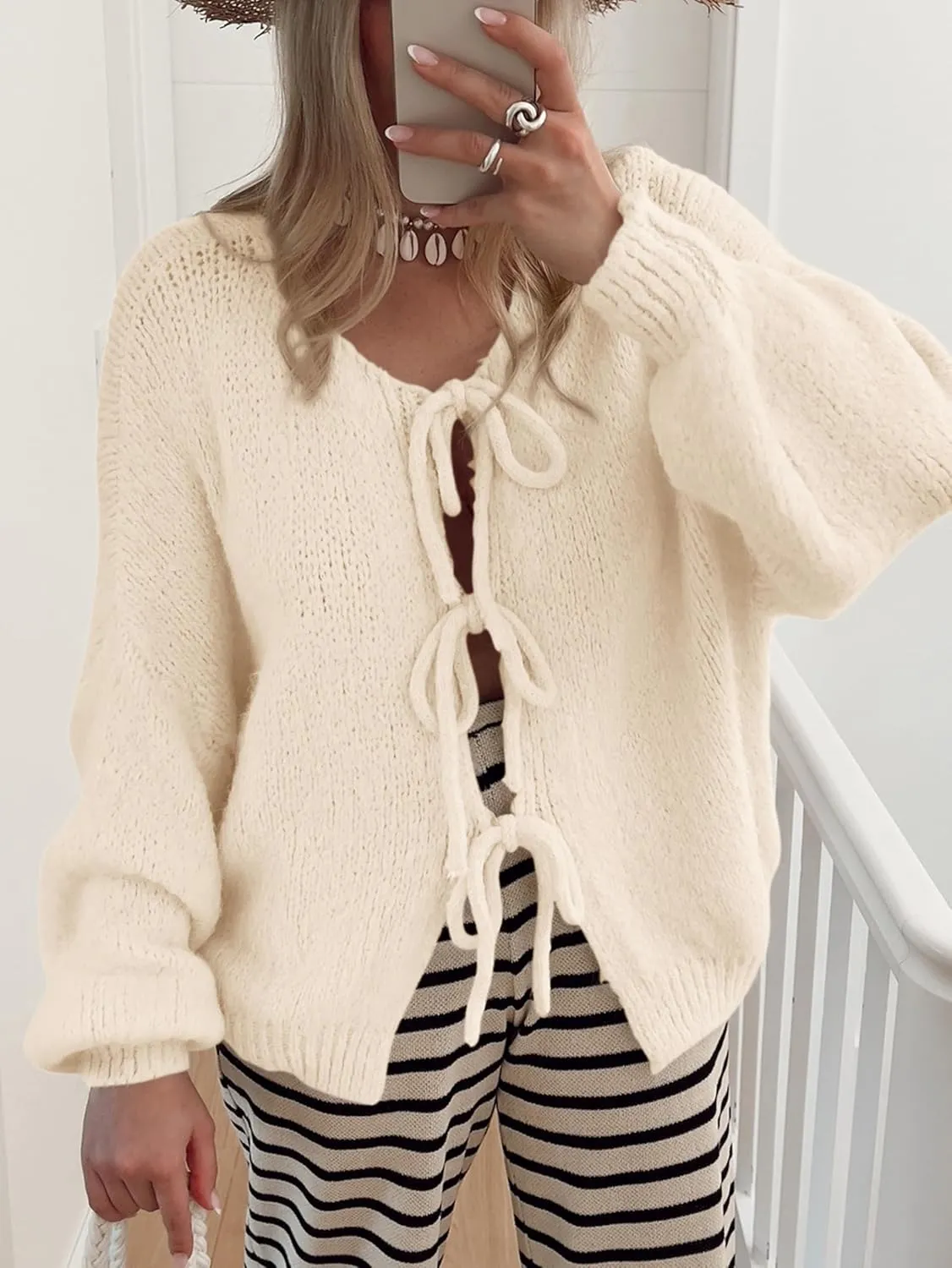 MASCOMODA 2025 Bow Tie Front Cardigan Sweaters for Women Fall Winter Oversized Long Sleeve Open Front Chunky Sweater Coats