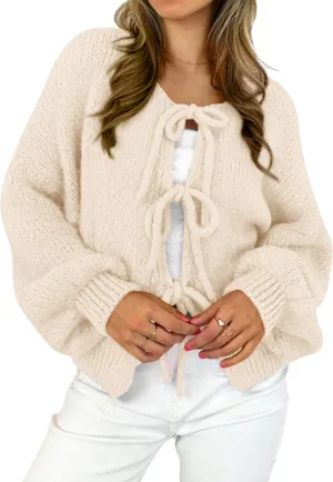 MASCOMODA 2025 Bow Tie Front Cardigan Sweaters for Women Fall Winter Oversized Long Sleeve Open Front Chunky Sweater Coats
