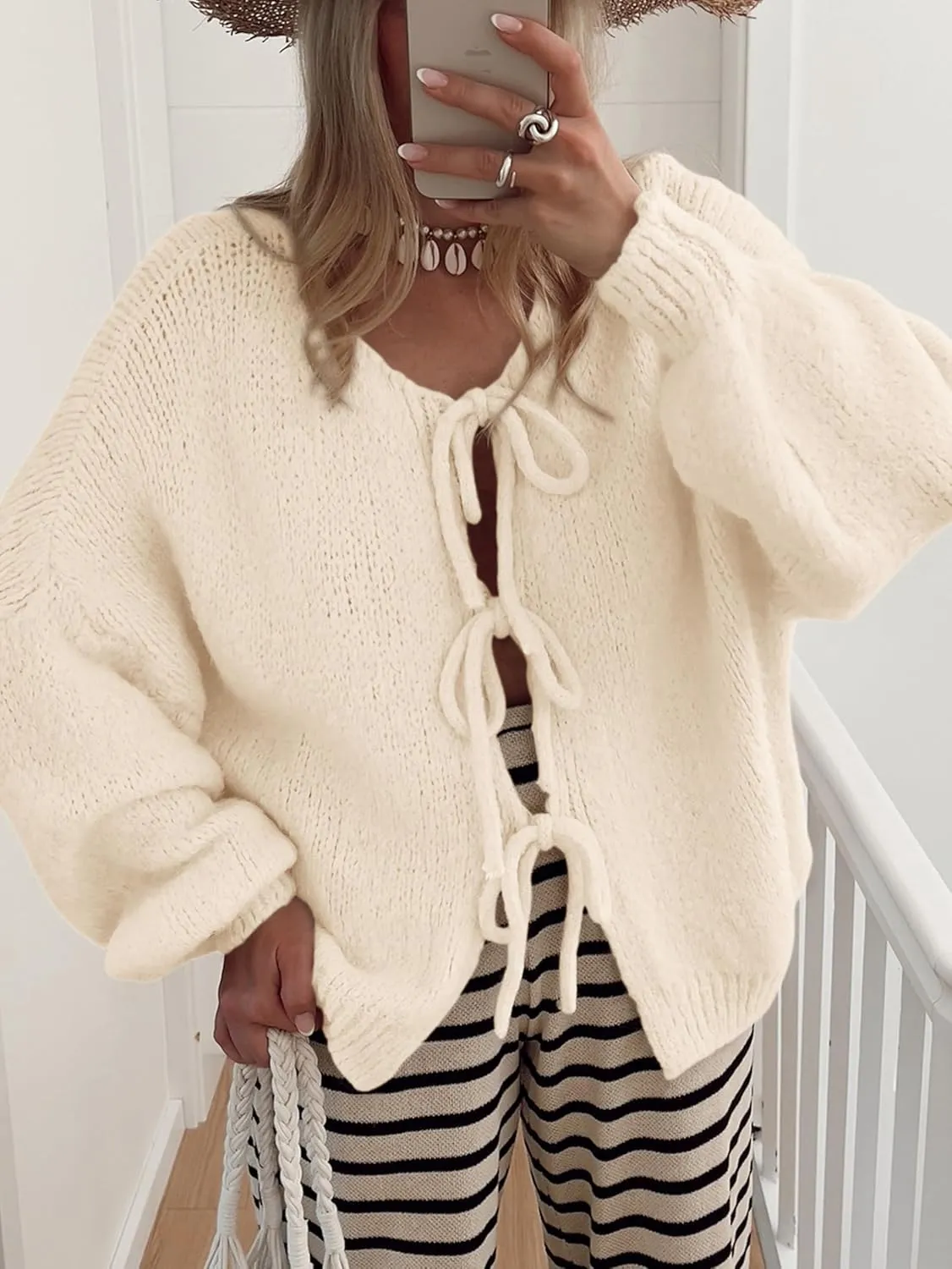 MASCOMODA 2025 Bow Tie Front Cardigan Sweaters for Women Fall Winter Oversized Long Sleeve Open Front Chunky Sweater Coats
