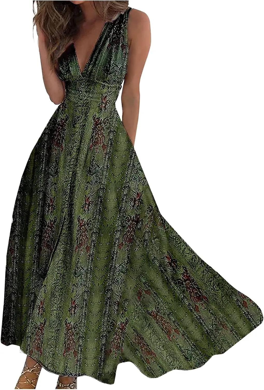Maxi Dress Women's Loose V Neck Outdoor Sleeveless Ladies Weekend Floral Print 2024 Line Summer Swing Streetwear