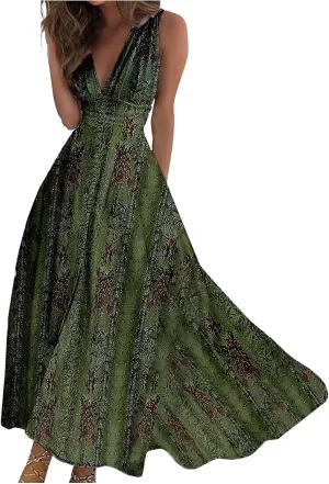 Maxi Dress Women's Loose V Neck Outdoor Sleeveless Ladies Weekend Floral Print 2024 Line Summer Swing Streetwear