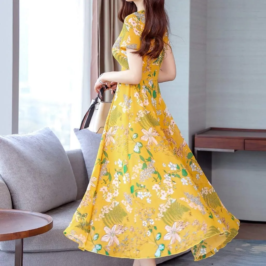 Maxi Dresses for Women 2023 Summer Casual Short Sleeve Crewneck Floral Long Dress Elegant Flowy Beach Vacation Dress