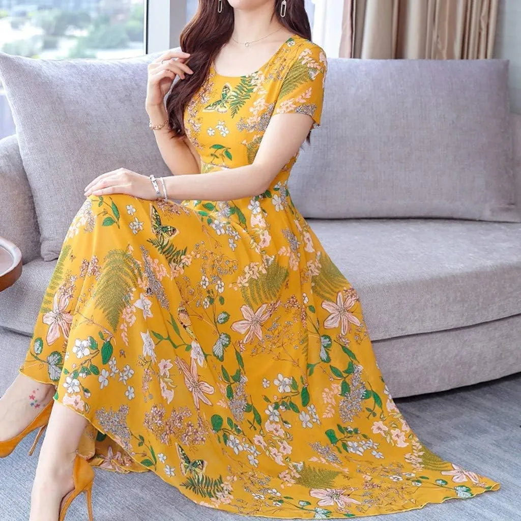 Maxi Dresses for Women 2023 Summer Casual Short Sleeve Crewneck Floral Long Dress Elegant Flowy Beach Vacation Dress