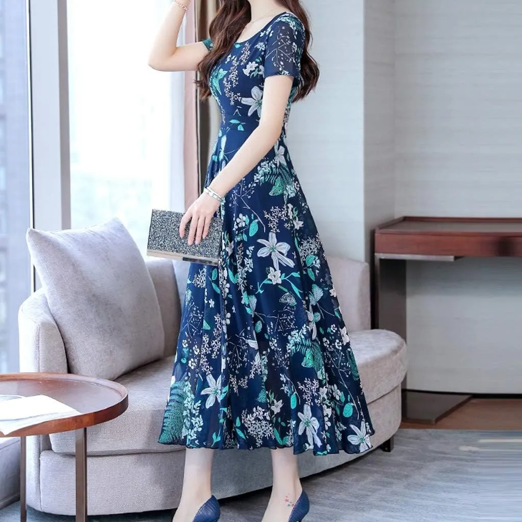 Maxi Dresses for Women 2023 Summer Casual Short Sleeve Crewneck Floral Long Dress Elegant Flowy Beach Vacation Dress