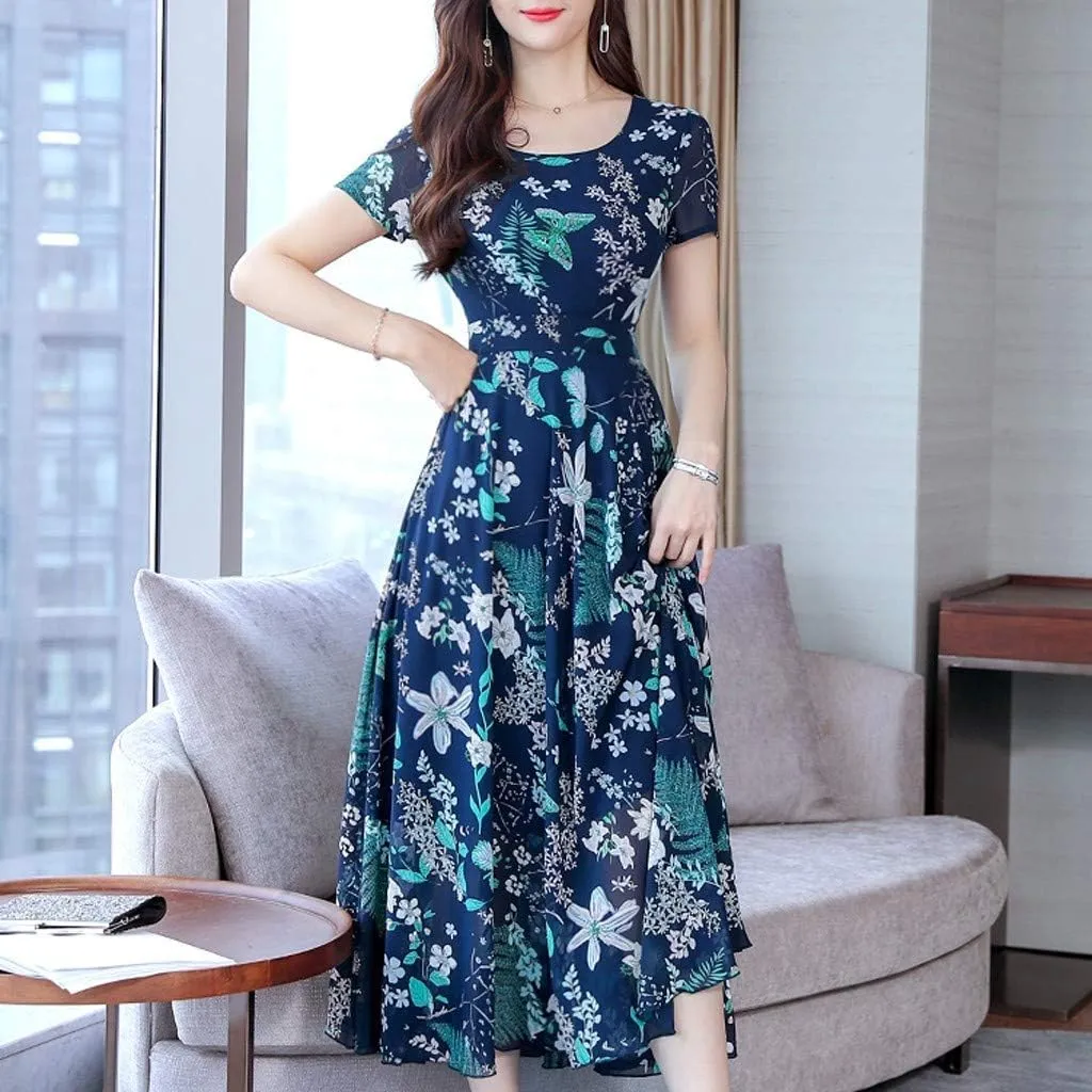 Maxi Dresses for Women 2023 Summer Casual Short Sleeve Crewneck Floral Long Dress Elegant Flowy Beach Vacation Dress